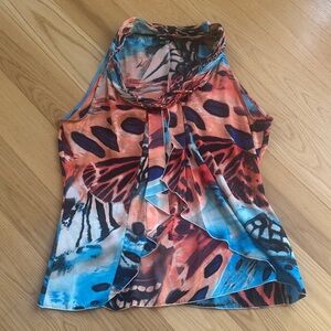 Milano Blouse M Sleeveless Floral Abstract Ruffle Front Statement Top